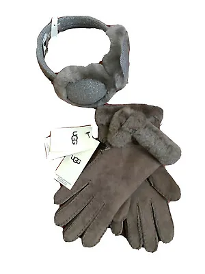 £132.74 • Buy NWT UGGs Women’s Stormy Grey Suede Fur Lined Gloves,Large & Earmuffs W/adapter