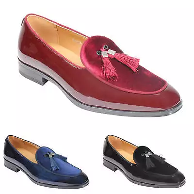 Men’s Shiny Patent Tassel Loafers Velvet Upper Faux Leather Wedding Dress Shoes • £39.99