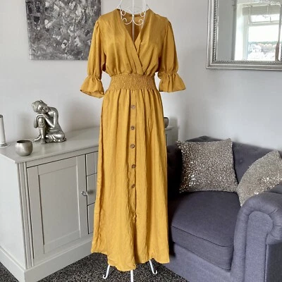 £30 • Buy BNWT Mustard V-Neck Short Sleeve Shirred Waist Button Front Flared Maxi Dress 12
