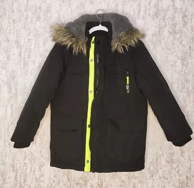 £12.99 • Buy Boys Padded Black Winter Jacket Size 5-6 Yo Faux Fur Hoodie Trim Fleece Lined Co
