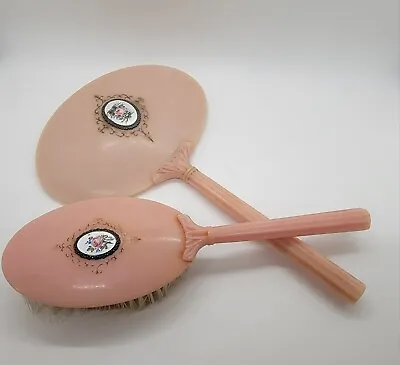 Vintage Pink Floral Rose Design Vanity Mirror And Hair Brush Set Celluloid • $35