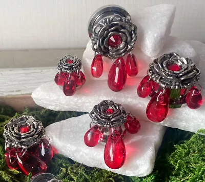 PAIR Gem Centered Flower W/ Red Glass Dangles Steel Screw Fit Tunnel Gauge Plugs • $16.95