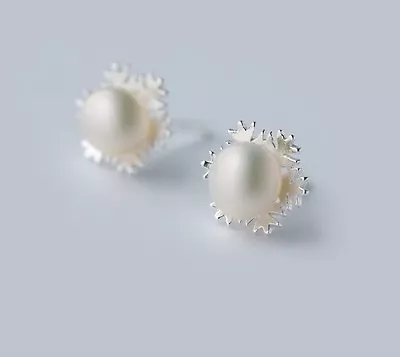 $9.95 • Buy 8mm 925 Sterling Silver Snowflake Freshwater Pearl Stud Earrings Gift Box K38A