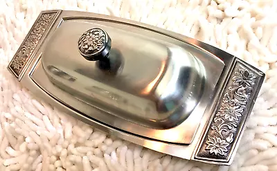 Butter Dish W/ Lid Vintage MCM Stainless Steel Stanley Roberts Floral Design • $15.99