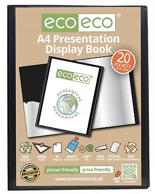 Eco-Eco A4 50% Recycled 20 Pocket Black Folder Presentation Display Book ECO003 • £5.25