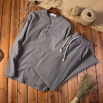 Mens Shorts Cotton Linen Summer Outfit 2-Piece Set Casual Short Sleeve T Shirts • $29.99