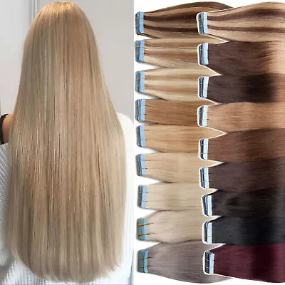 Thick 100G 40PCS Tape In Remy Human Hair Extensions Skin Weft FULL HEAD Straight • $36.86