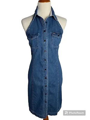 VTG Tommy Hilfiger Denim Halter Dress Womens 8 Sleeveless Button Front 90s Y2K • $29.95