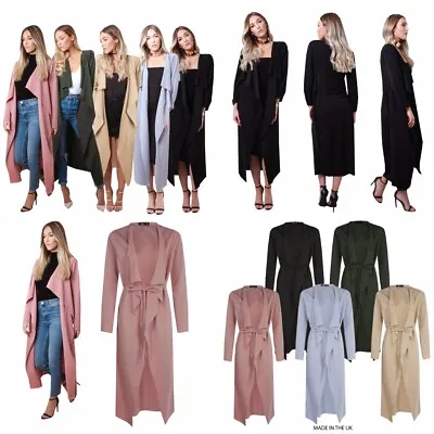 Womens Ladies Maxi Midi Long Sleeved Belted Waterfall Duster Jacket Coat 8-22 • £13.90