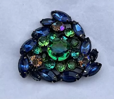 Vintage Kramer Brooch Amazing Vitrail Givre Glass Blue & Green Rhinestone • $95