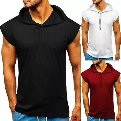 Men Sleeveless Vest Hooded Hoodie Gym Sports Muscle T-Shirt Tank Top Pullover • £16.69