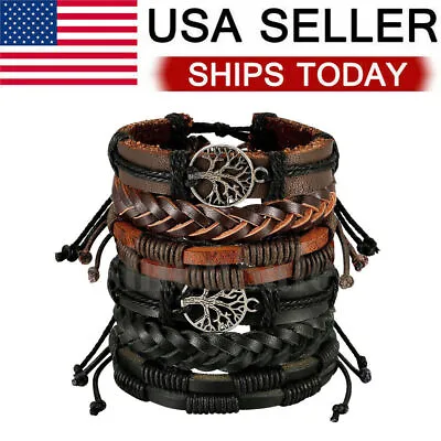 6Pcs Set Braided Leather  Rope Bracelet Set Wristband Bangle Tribal Men Women • $9.69