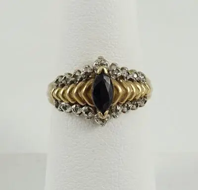 10K Yellow Gold Ladies 6.5 Cocktail Ring W/marquise Blue Sapphire +diamonds 2.9g • $169.99