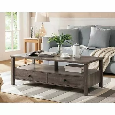 Transitional Distressed Grey Coffee Table With Two Drawers And Shelf • $249