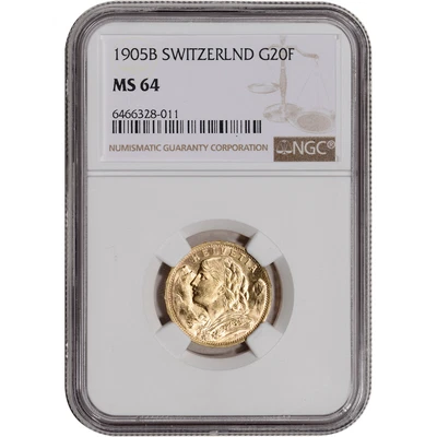$1209.76 • Buy 1905 B Switzerland Gold 20 Francs - NGC MS64