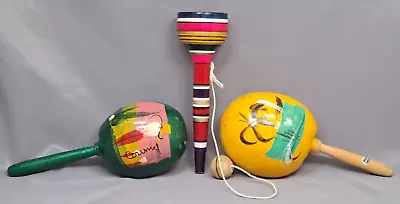 Set / Pair Of 2 Wooden Maracas Hand-Painted Fiesta Instrument Mexico + Balero • $25