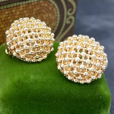 Vintage CINER Textured Etruscan Revival Round Gold Tone Clip-On Earrings • $44.95