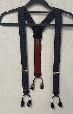 Trafalgar Blue Brown Leather Suspenders Elastic Adjustable Strap Y Back Clips JB • $18.71