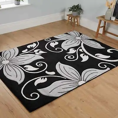 £14.27 • Buy Black Grey Living Room Rug Small Large XL Big Carpet Modern Cheap Floral Rugs UK