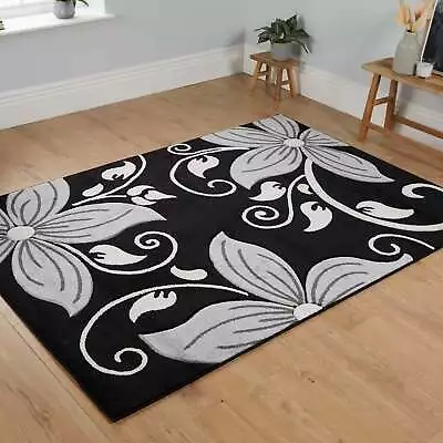 £14.27 • Buy Black Grey Living Room Rug Small Large XL Big Carpet Modern Cheap Floral Rugs UK