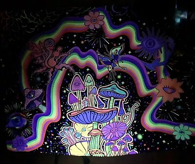 70”x 58” Blacklight Tapestry Fluorescent Psychedelic Mushrooms Eyes Wall Hanging • $11.95