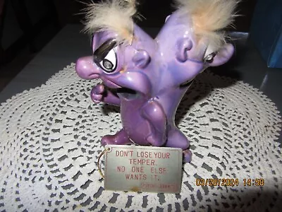 VTG Japan Kreiss Psycho Ceramics Two Headed Purple Monster & Tin Sign  5 1/2  • $39.99