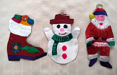 Mexican Ornaments Lot Of (3) Xmas Santa Stocking Snowman Punched Tin Brand New • $15