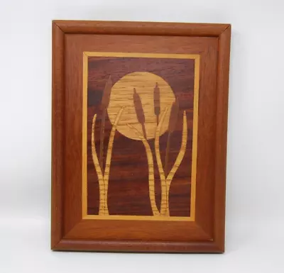 Vintage Inlay Wood Marquetry Art Picture Cattail Cat Tail Moon Signed Framed 13  • $40