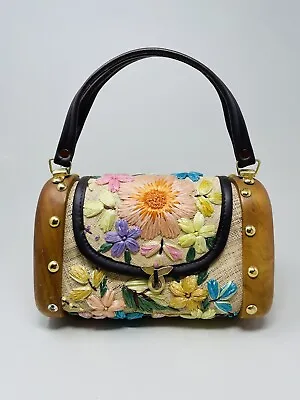 Vintage Floral Raffia Woven Straw Purse Handbag With Wood Trim 1960’s Boho MCM • $89.95