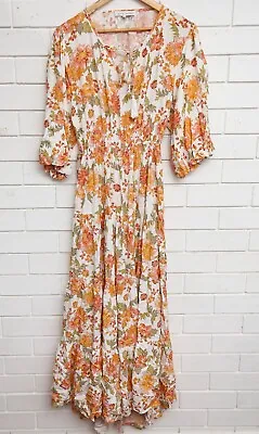 Women's White Closet Orange Floral 3/4 Sleeve Open Back Maxi Dress Size 12 • $49.95