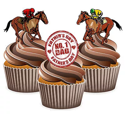 PRECUT Fathers Day Gift Horse Racing 12 Edible Cupcake Toppers Cake Decorations  • £3.99