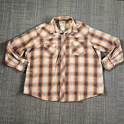 VINTAGE Wrangler Pearl Snap Men Shirt XXL Western Rodeo Colorado Plaid Brown LS • $32.34