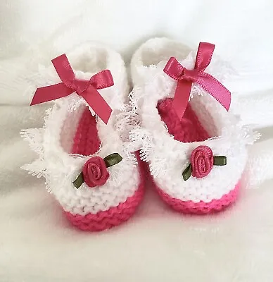 Hand Knitted Mary Jane Baby Shoes 0 - 3 Months Xmas Outfit Baby Shower Gifts • £3.50