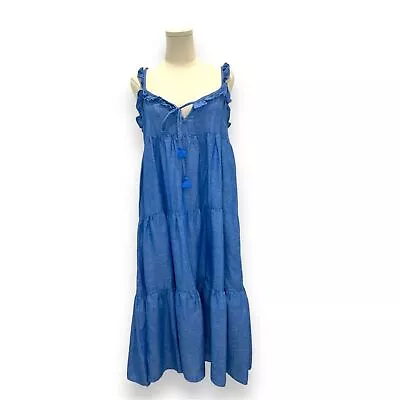 J Crew Dress Tiered Ruffle Linen Cotton Blue Chambray Midi S Casual Boho Chic • $20