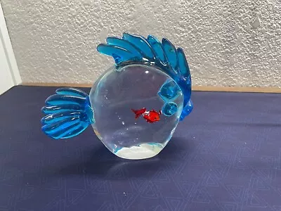 Vintage Murano Glass Fish Sculpture With Blue Fins And Small Orange Fish Inside • $70