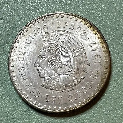 1947 Mexico Cinco 5 Pesos Cuauhtemoc Silver Coin BU Uncirculated KM#465 • $42.49