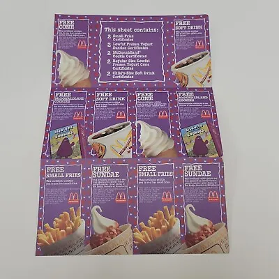 Vintage 1990's McDonalds McDonaldland Certificates Valentines Coupons Full Sheet • $19.95