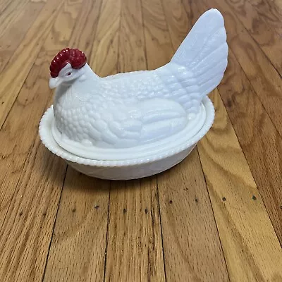 Vtg Westmoreland Hand Painted Milk Glass Hen Nest Chicken Butter Candy Dish Tag • $29.95