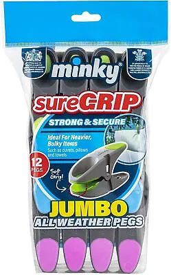 12 X Minky Jumbo Clothes Pegs Line Washing Strong Laundry Airer Clips Grip Dry  • £7.99