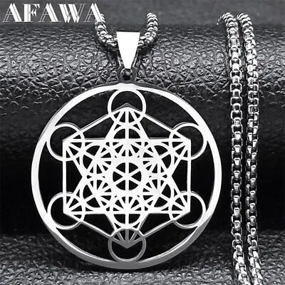 Stainless Steel Necklace Mens Women Cuban Metatron Symbol Pendant Geometry Cube • $6.49