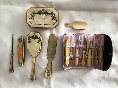 Beautiful Art Deco Vanity Dresser Set 1930’s + Manicure Set Celluloid/Bakelite • $50