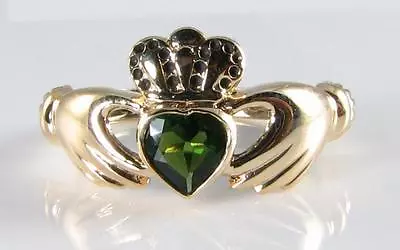 9k Gold Green Tourmaline Claddagh Heart Rub Over Ring Free Resize • $599