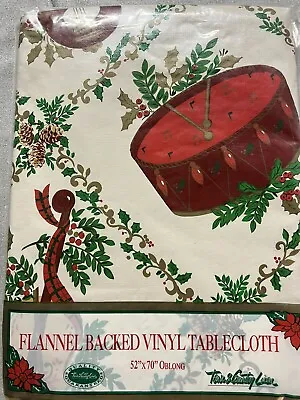 Town & Country Holiday Vinyl Tablecloth Flannel Back Oblong 52 X 70” Cream Red • $13.73
