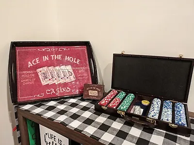  Ace In The Hole  Tiled Casino Tray Matching Card Box Poker Chips W. Case • £28.93