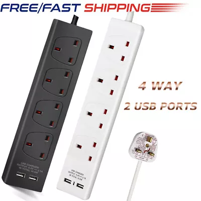£10.99 • Buy 4 GANG WAY SOCKET EXTENSION LEAD 1M 3M 5M CABLE WITH 2 USB PORTS Black WHITE