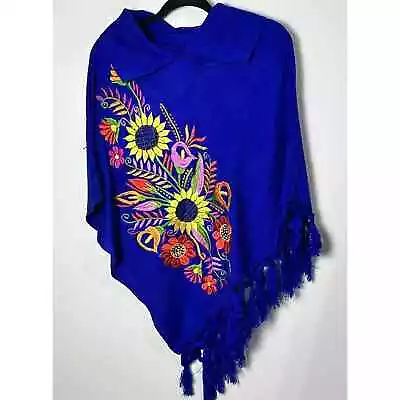 Authentic Mexican Embroidered Shawl ROYAL BLUE One Size Asymmetrical Fringe • $35