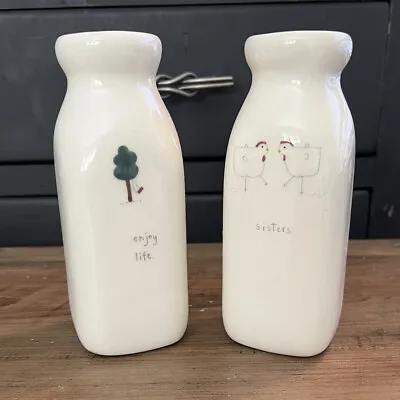 2 Beth Mueller Milk Bottle Vase Sisters Chickens Enjoy Life Tree With Swing • $30