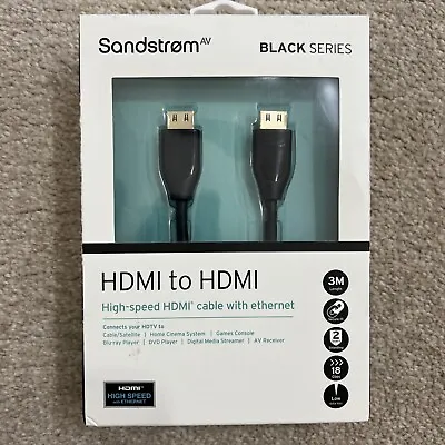 Sandstrom BLACK SERIES HDMI To HDMI 3m High Speed HDMI Cable With Ethernet(New) • £16.50