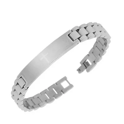 Stainless Steel Silver-Tone Religious Cross English Lord’s Prayer Mens Bracelet • £19.28