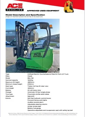 £7995 • Buy Cesab Blitz 130 3W Container Spec Forklift Hire-£44.99pw Buy-£7995 HP-£39.93pw